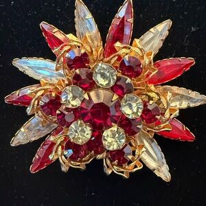 Vintage Gold Tone Red Clear Rhinestone Brooch